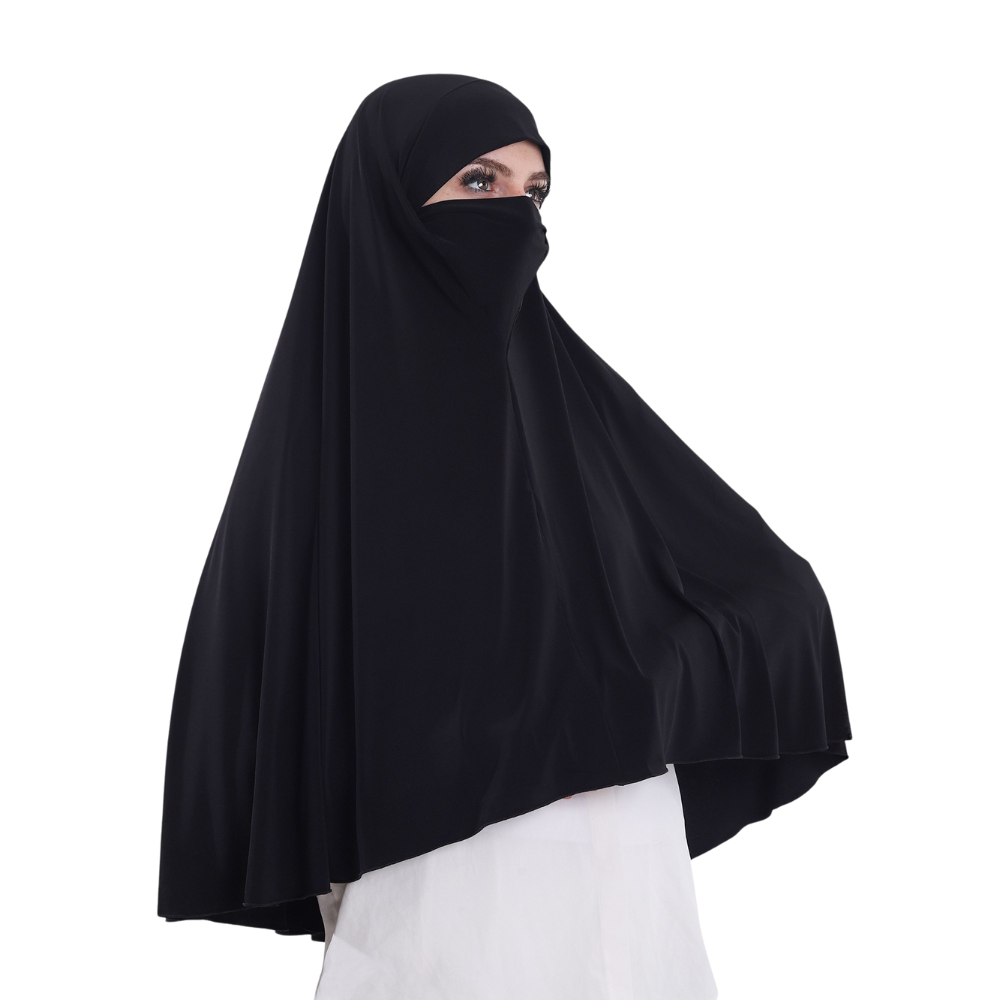 حجاب نقاب قطعة واحدة لون أسود ALTOBEH - تصميم مدمج وخامة ليكرا ناعمة.