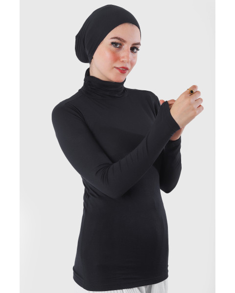 بودي قطن رقبة عالية بأكمام طويلة -  لون أسود 