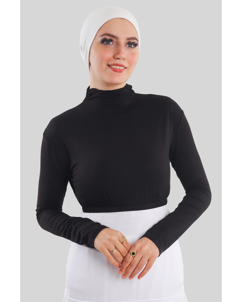 نصف بودي نسائي برقبة هالف كول بأكمام لون أسود 
