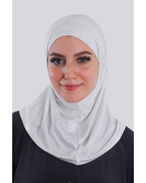 حجاب ليكرا قطعتين جليتر أبيض بلمعة فضي 