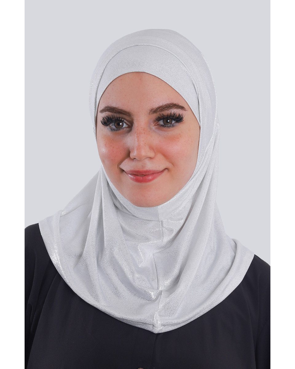 حجاب ليكرا قطعتين جليتر أبيض بلمعة فضي